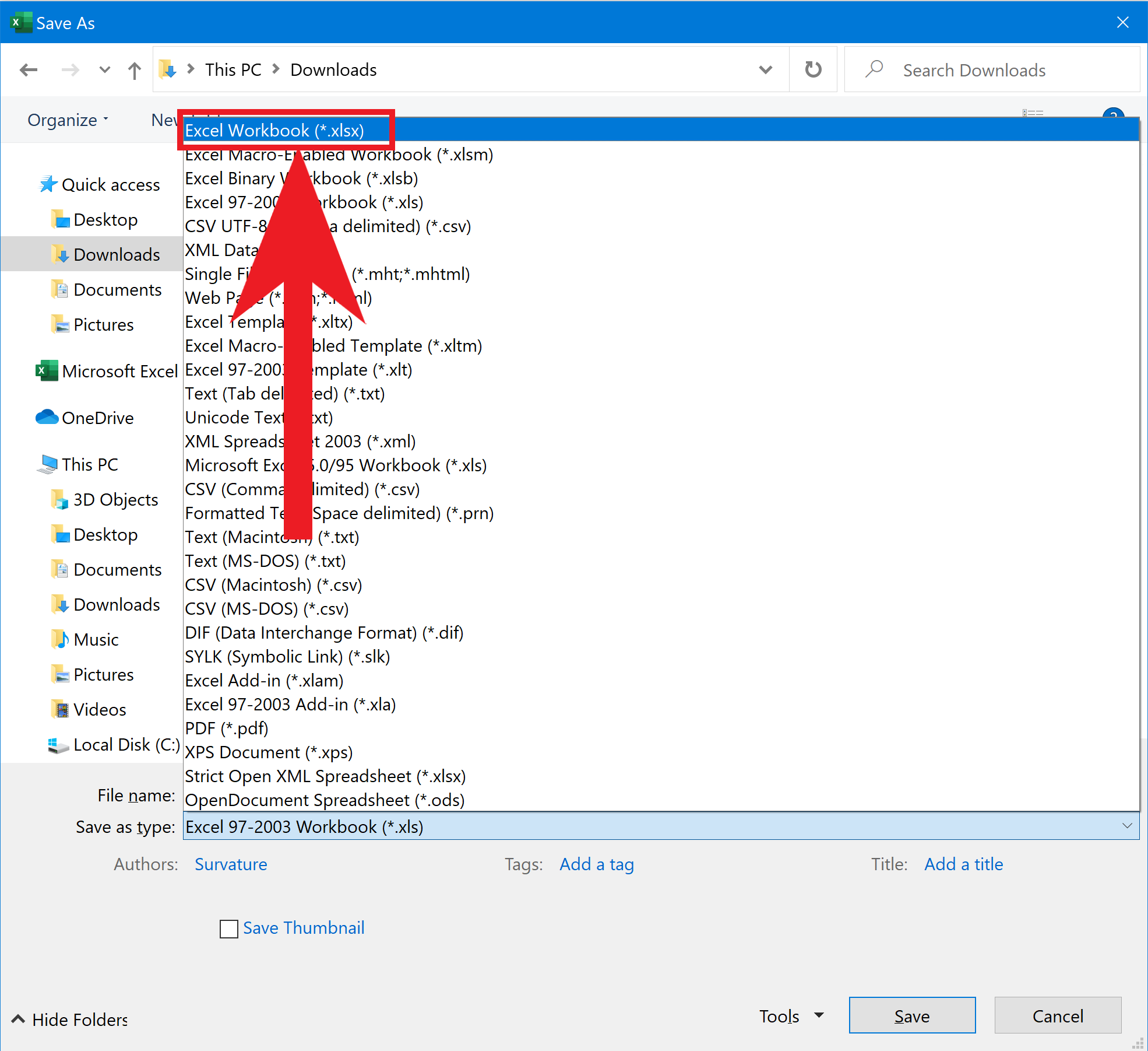 Step 5: Select "Excel Workbook (*.xlsx)"