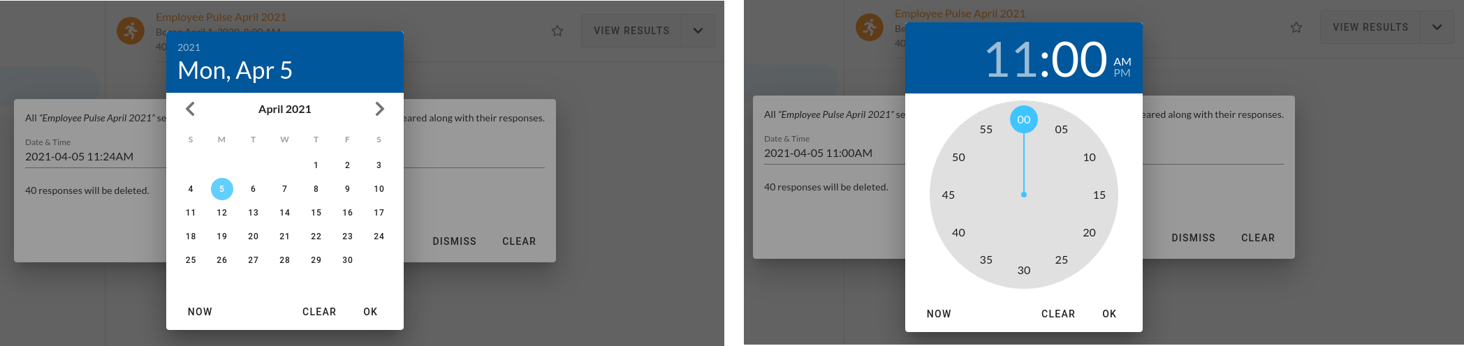 Screenshots of the open date and time selection widgets for the Clear Responses modal.